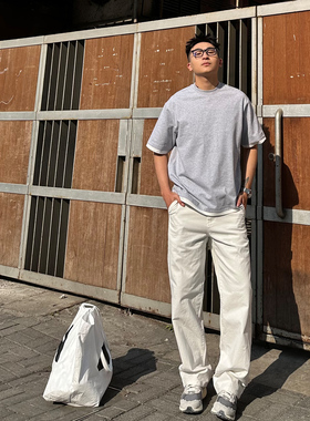 SANBAI 叁佰【300克珠帆】帆布基础长裤男纯棉白色直筒休闲牛仔裤