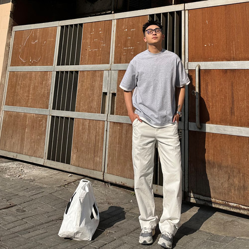 SANBAI叁佰白色帆布基础长裤