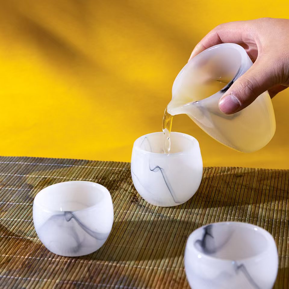 青玉琉璃茶具盏精美高端礼盒装轻奢江南烟雨茶具优雅白桃茶杯茶具