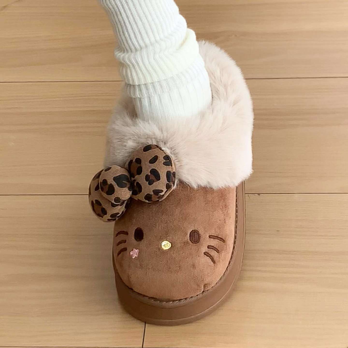 hellokitty豹纹拖鞋女外穿kt棉拖2025新款家居室内包头拖加绒保暖