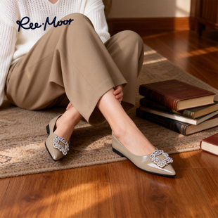 REEMOOR2026新款法式水钻方扣平底鞋单鞋女尖头羊皮女软底女鞋
