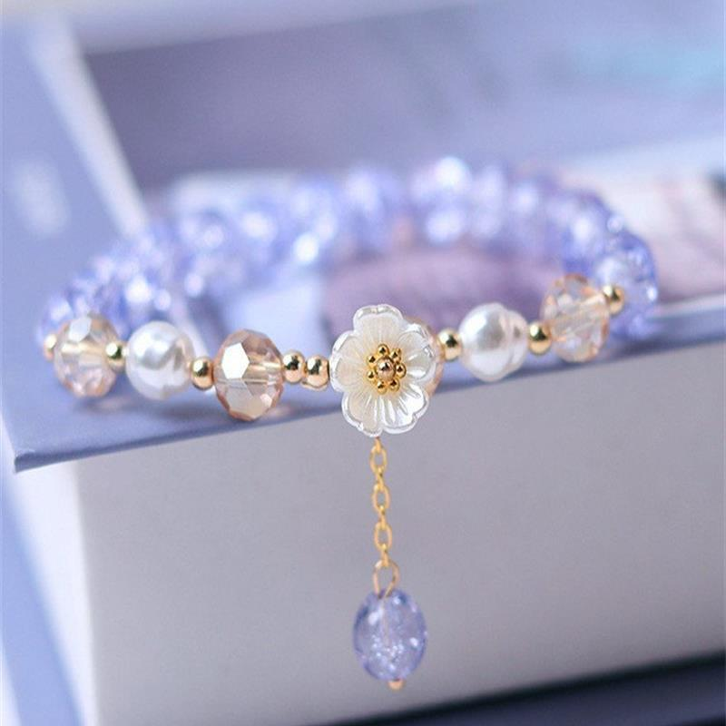 儿童手链女童紫色水晶串珠花朵手镯珠子女款女孩学生女生精致手串