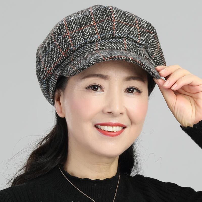 中老年人妈妈款帽子女春秋夏款画家帽韩版休闲百搭格子八角帽时尚
