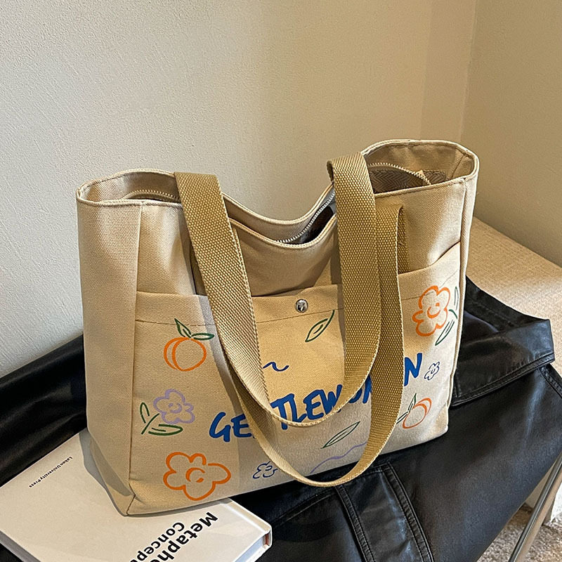 2024新款潮单肩托特包包包女帆布包大学生上课装书布袋包外出通勤