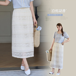 韩版气质重工蕾丝拼接A字半身裙女夏季胖mm大码遮肉显瘦裙子200斤