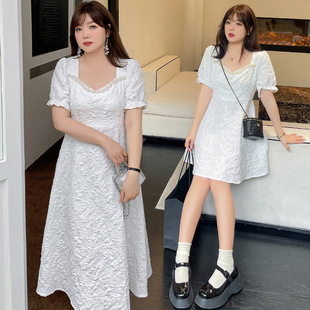 小香风连衣裙2025夏新款220斤胖mm大码法式方领高腰显瘦白色女裙