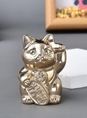 天然黄铜矿招财猫摆件原石雕刻件家居饰品手把把玩可爱卡通动物