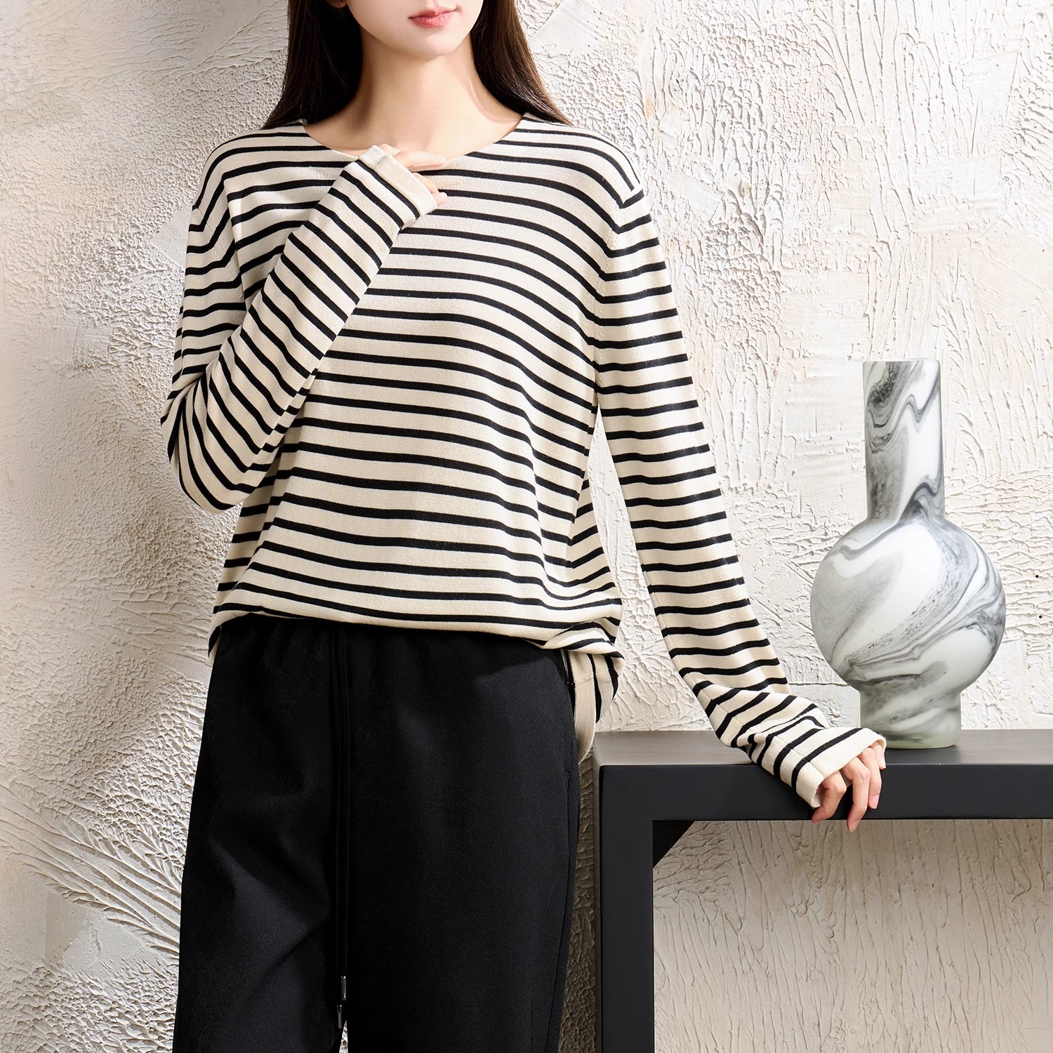 戎美 德国扬子160S 真丝羊毛 12针条纹针织T恤 INS款