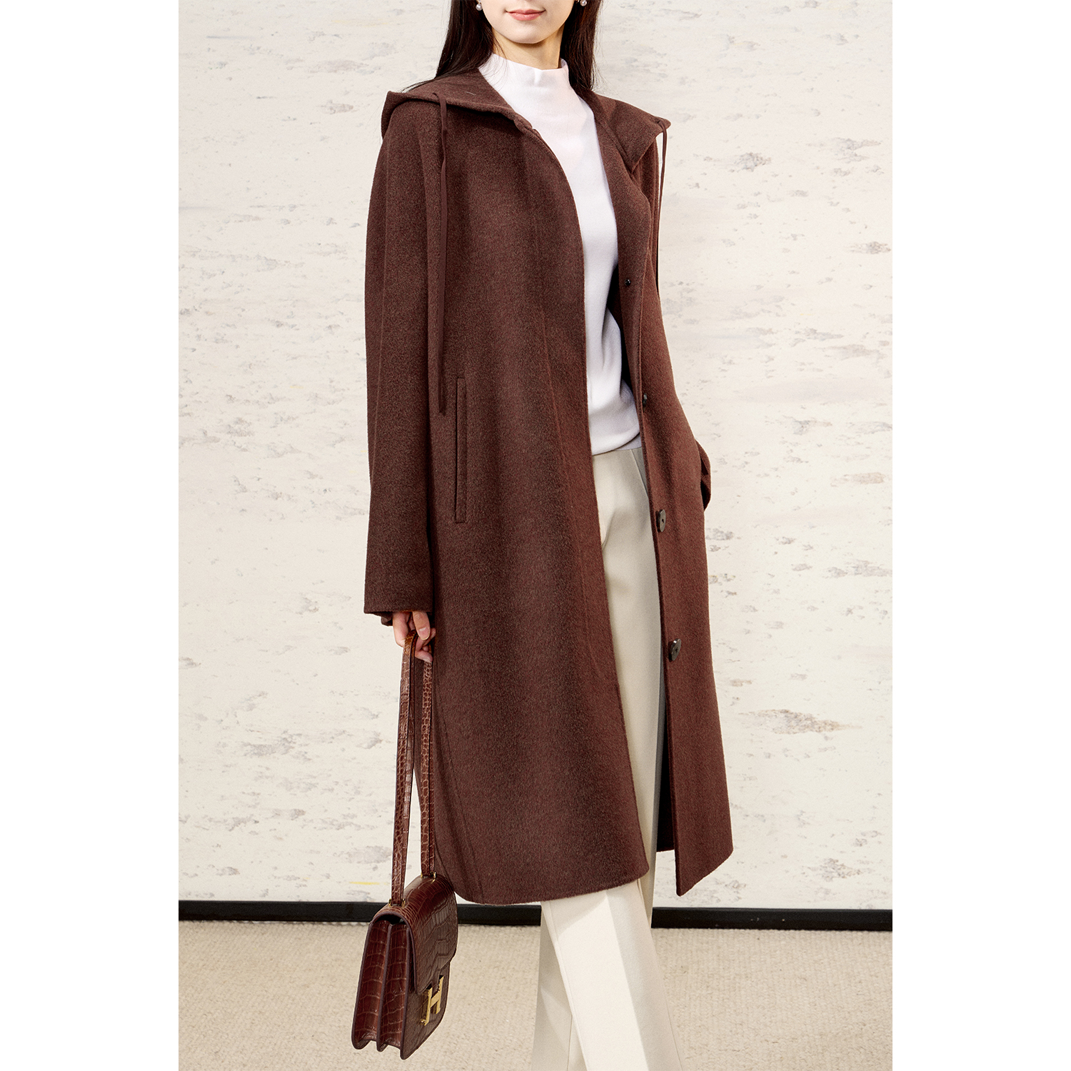 【DY0906658】融合姿态暖冬色高支细羊毛桑蚕丝休闲连帽大衣外套