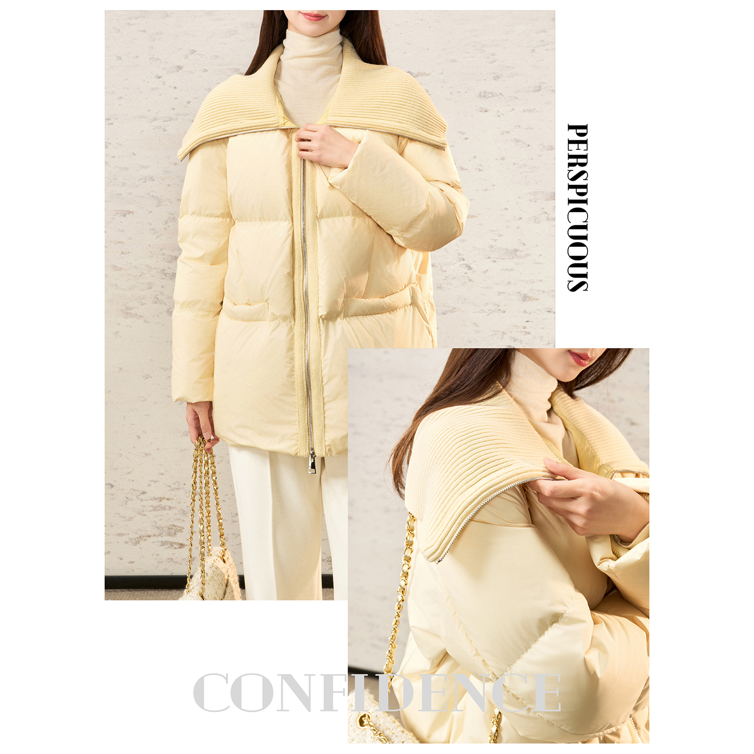 戎美【YR1122326】J家同款功能性棉感料 白鹅绒针织领羽绒服