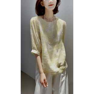 剪纸印花 100%苎麻 茉香风浅 上衣女26 灯笼袖 小衫 镂空花边