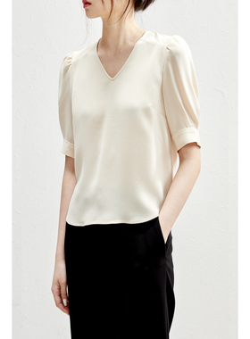 -【CY0521770】夏季新品 三醋酸泡泡袖V领衬衫女短袖极简百搭小衫