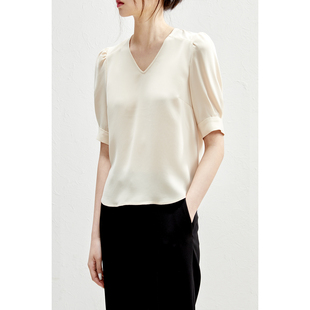 -【CY0521770】夏季新品 三醋酸泡泡袖V领衬衫女短袖极简百搭小衫