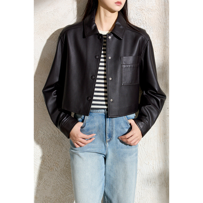 【琎口绵羊皮/可口丝滑熔岩热巧~精致短款】衬衫式皮衣/休闲外套