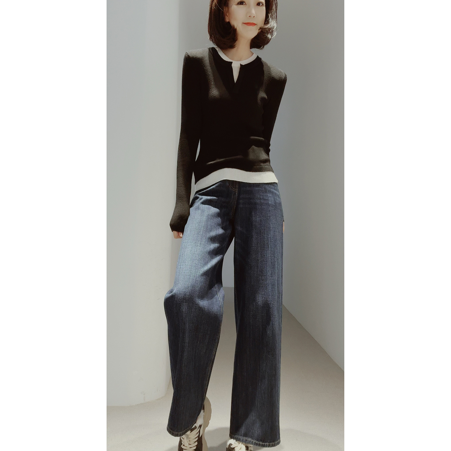 美式双拼羊毛衫可机洗假两件撞色