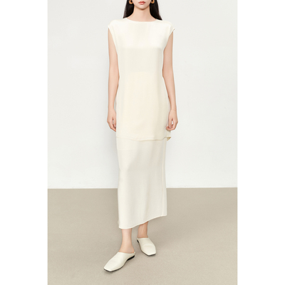 戎美 重磅重绉真丝随性静奢系列 后领纽结系带上衣/压褶半裙套装