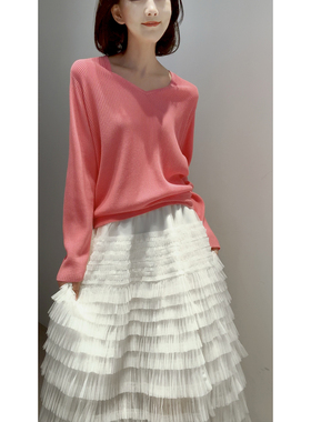 26新~桃红柳绿【莱赛尔+丝棉/谷波纹理/16G编织】长袖V领针织衫