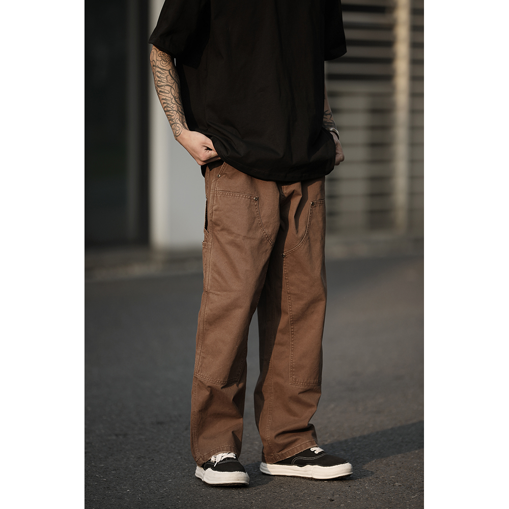 LHstore 日系水洗覆古工装双膝伐木裤男春秋季直筒宽松美式长裤子