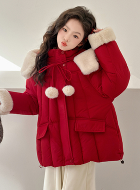 女童连帽红色拜年服2026新款儿童加绒加厚洋气棉衣女孩冬装棉袄潮