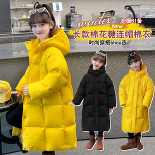 女童羽绒棉服2025新款中大儿童加厚棉衣女孩冬装长款过膝黄色外套