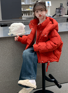 女童红色连帽拜年棉服2025新款中大儿童加厚棉衣保暖洋气棉袄外套
