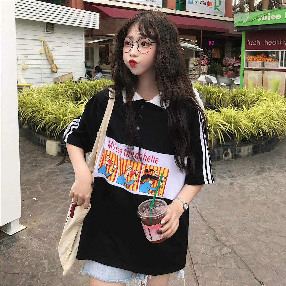 韩版bf下身失踪半袖春夏装网红款ins学生Polo领短袖T恤女宽松百搭限7000张券