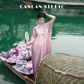 STUDIO 长款 粉紫花影 原创设计夏季 连衣裙G77590 新中式 CANCAN