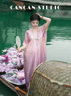 CANCAN STUDIO【粉紫花影】新中式原创设计夏季长款连衣裙G77590