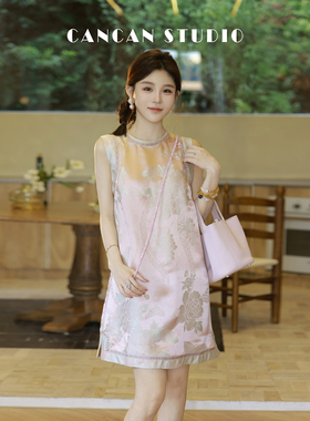 CANCAN STUDIO【花绫羽】新中式原创设计缎面无袖连衣裙G8511