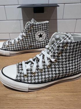 CONVERSE匡威All Star女子高帮编织刺绣千鸟格休闲帆布鞋 A12498C