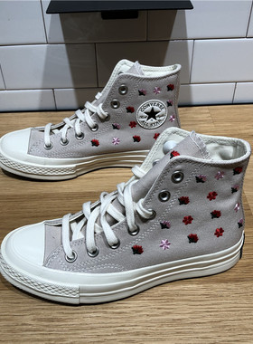 匡威新款1970S米白刺绣小花水晶底女款高帮透气休闲帆布鞋A02201C