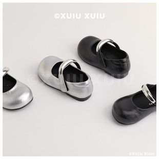 cbc童鞋「金属酷银」宽楦头女童玛丽珍皮鞋复古浅口银黑