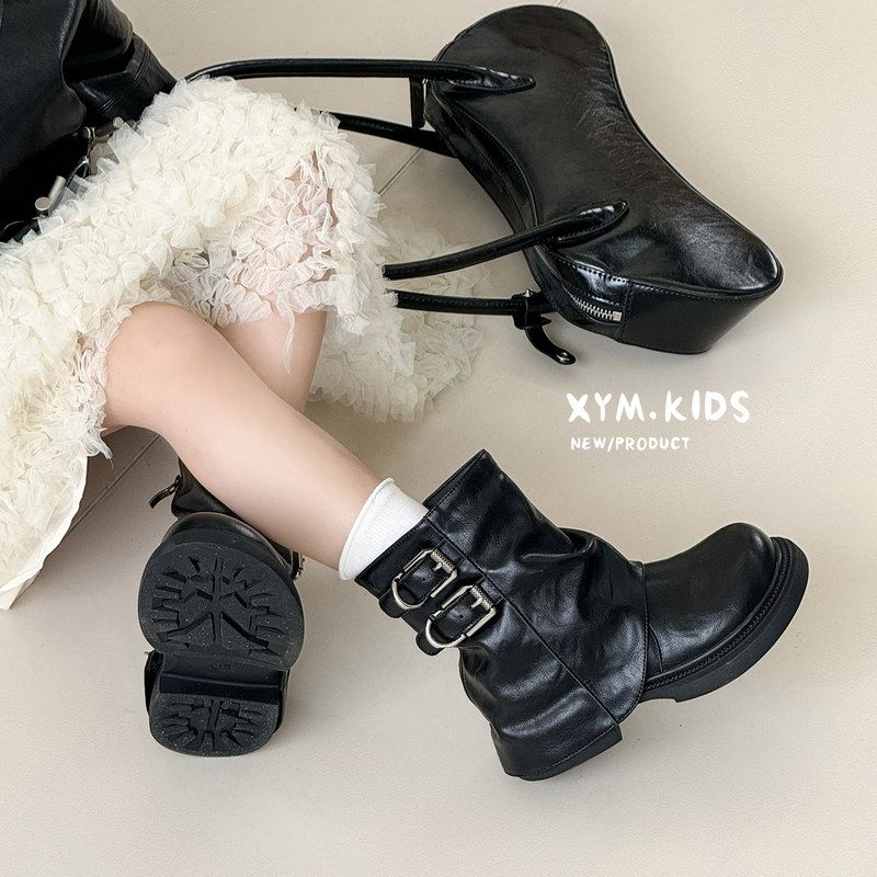 冬季儿童复古皮带扣褶皱堆堆靴