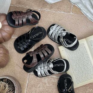 THE CBC KIDS「露趾凉鞋」女童法式罗马透气橡胶防滑软底魔术贴夏