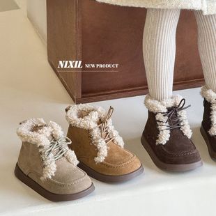 童鞋冬季新款儿童靴子韩版时尚羊羔毛加绒保暖磨砂真皮女童短靴