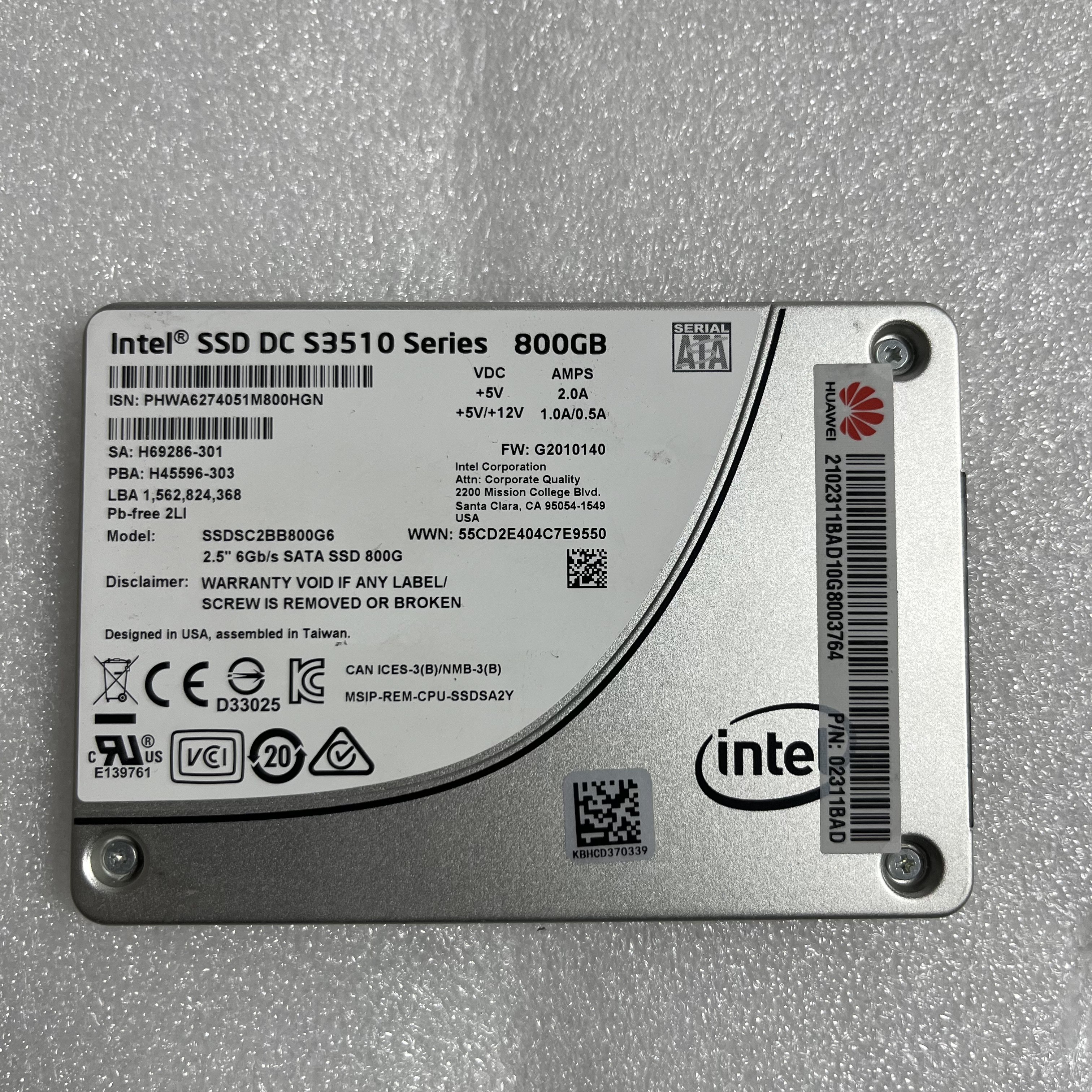 华为02311BAD S3510 800G 2.5寸 SATA RH5885H V3 SSD固态硬盘