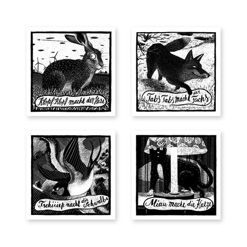 黑白诙谐动物丝网版画装饰画