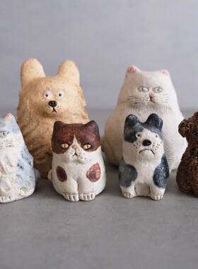幸生窑呆萌猫狗陶土陶艺摆件