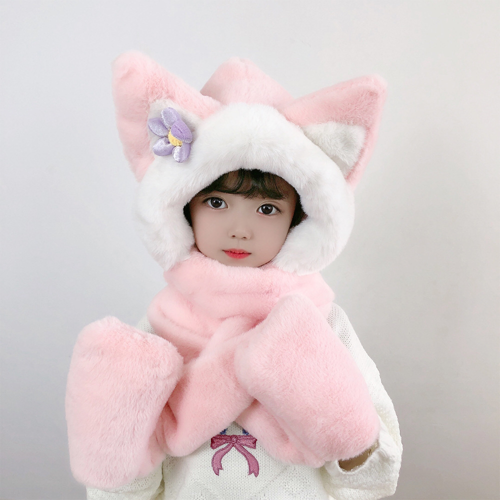 玲娜贝儿帽子围巾手套女童一体加绒保暖加厚护耳宝宝防风三件套