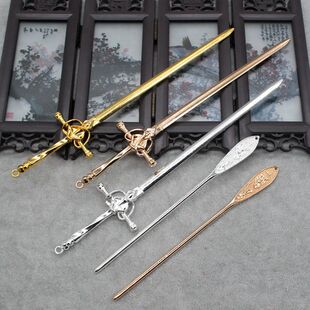 diy中式凤冠头饰汉服步摇长发簪发叉金银色合金长剑配件