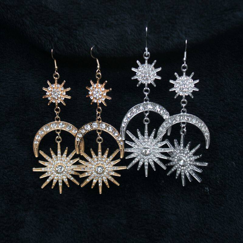 diy手工洛丽塔配饰合金哥特式安赫太阳镶钻月亮耳饰金银耳环吊坠