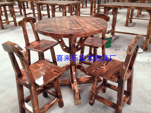销实木餐桌椅组合碳化仿古面馆酒店饭店中式圆桌椅套件酒吧烧烤桌