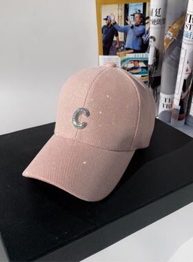 韩系C字母亮片时尚百搭街头硬顶鸭舌帽户外优雅粉色棒球帽太阳帽