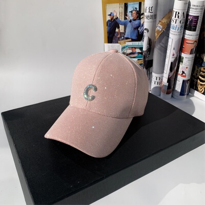 韩系C字母亮片时尚百搭街头硬顶鸭舌帽户外优雅粉色棒球帽太阳帽