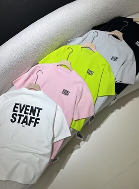 2025夏季新款美式复古水洗做旧洗褪褪色标语印花黄色短袖T恤男潮