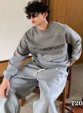 韩式休闲风字母印花卫衣套装男灰色加绒加厚上衣长袖