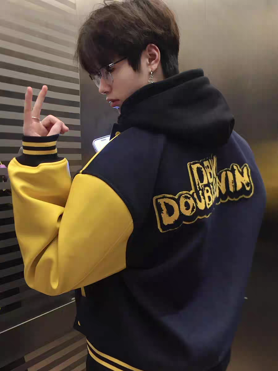 美式复古撞色拼皮男女夹克字母刺绣情侣棒球服百搭hiphop廓形外套