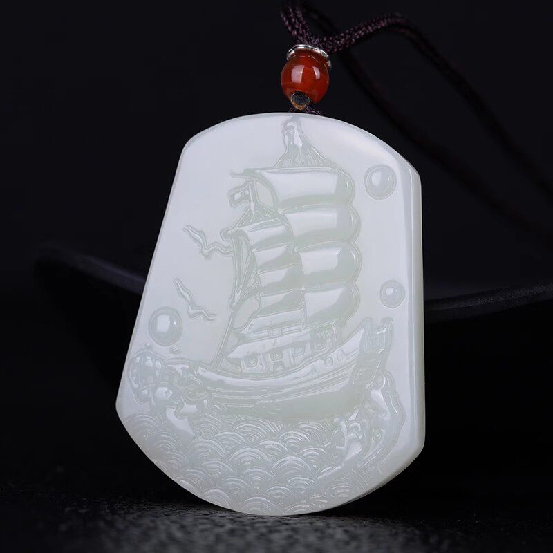 天然新疆和田玉一帆风顺吊坠男女玉石帆船海浪挂件玉坠玉佩饰品