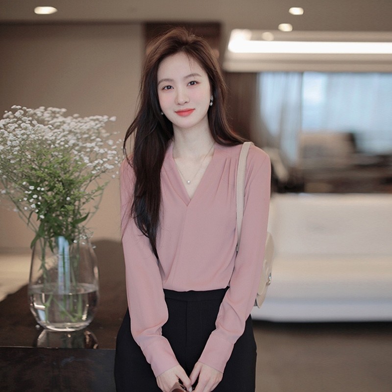 雪纺衬衫女装秋季V领温柔风甜美上衣设计感小众高级法式气质衬衣