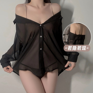 性感睡衣大码女夏款情调高级感男友风衬衫纯欲情侣透视薄款家居服